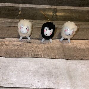 Wooden Wooly Fluffy Sheep Lamb Christmas Ornaments Lot of 3 Holiday